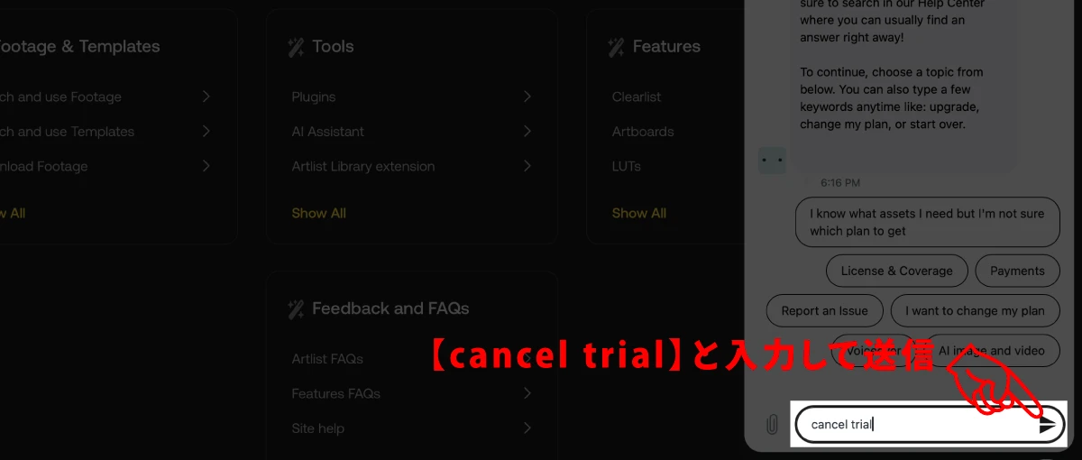 チャット欄にcancel trialと入力して送信する