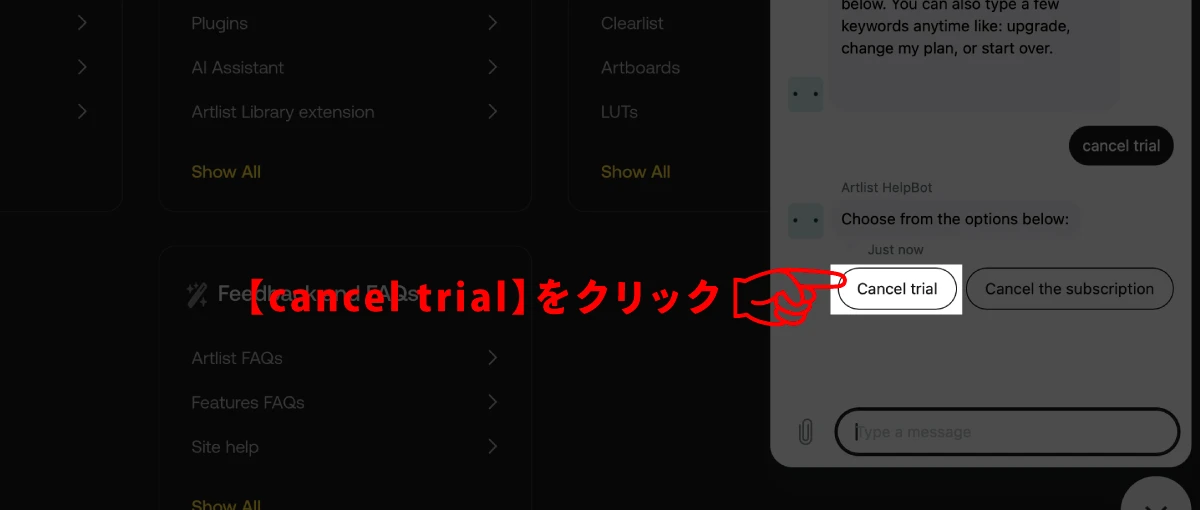 チャット欄のcancel trialをクリック