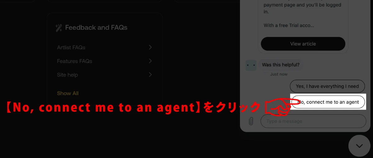 チャット欄のNo, connect me to an agentをクリック