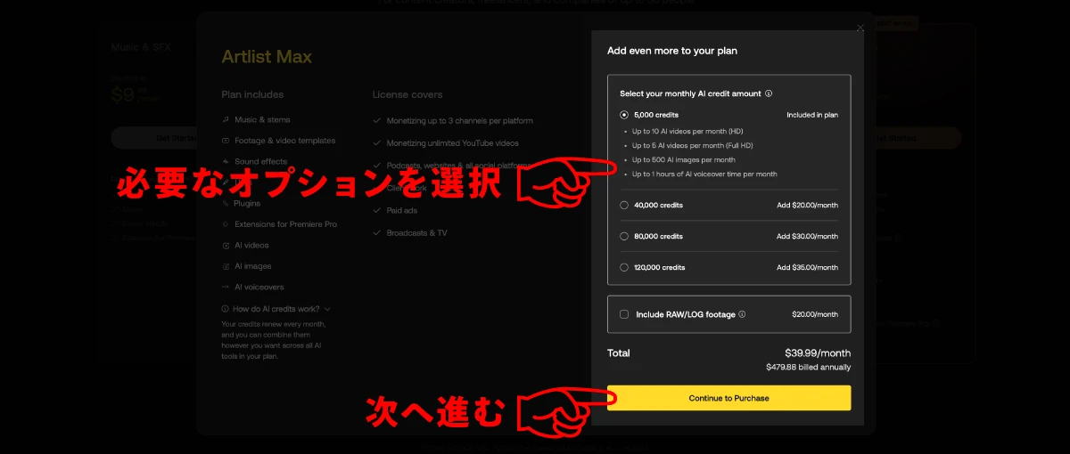 Artlistのオプションを選択してContinue to Purchaseをクリック